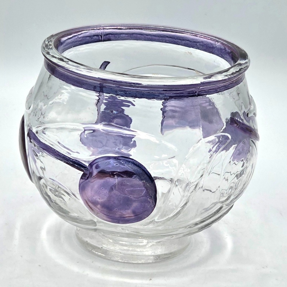 RETRO Art Glass‎ Candle Holder Or Bowl Purple and Clear Raised Design